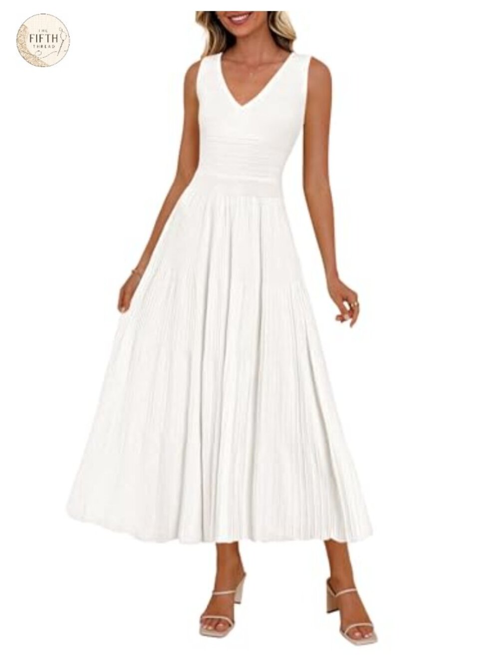 Pleated V Neck Midi Cocktail Dress Sleeveless High Waist A Line